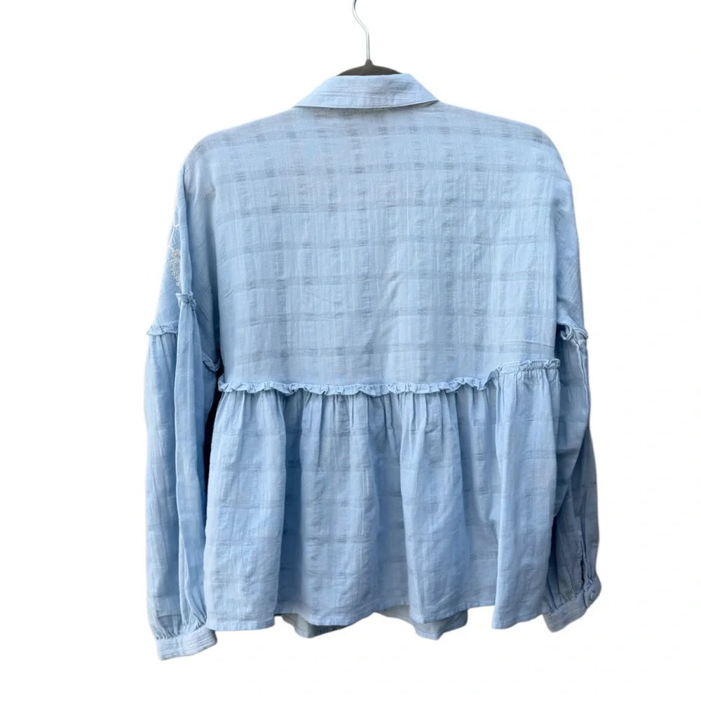 Zara Women’s S Light Blue Floral Embroidered Cotton Pleated Boho Baby Doll Top